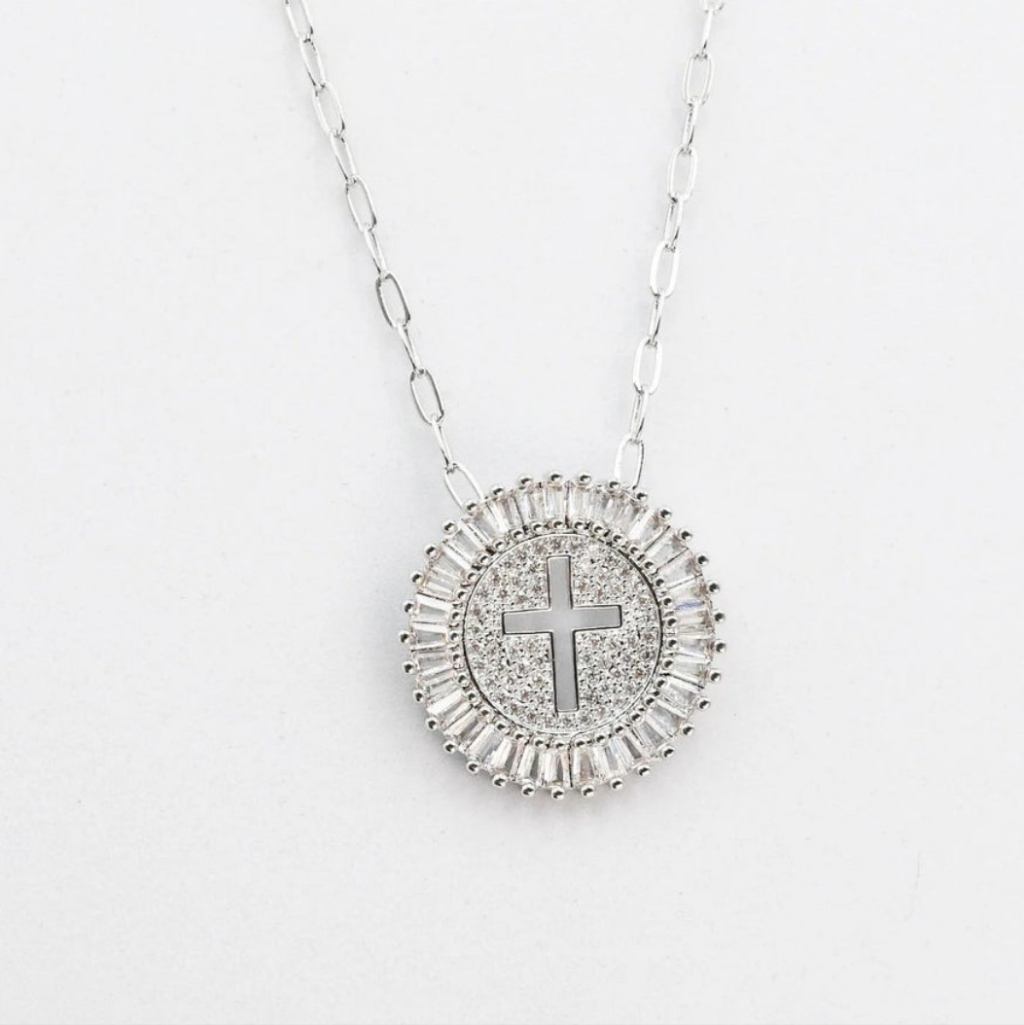 Silver Cross & Crystal Pendant Necklace